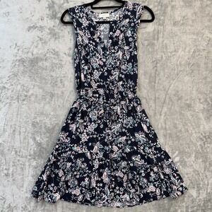 LOFT Navy Floral Paisley Sleeveless Dress Tie‎ Waist Fit Flare Casual Boho Sz S